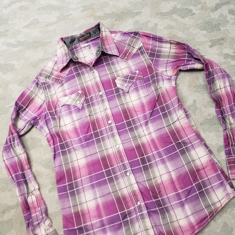 Wrangler Rock 47 Top Womens Medium Purple Western Plaid Pearl Snap Short Sleeve - Picture 2 of 8